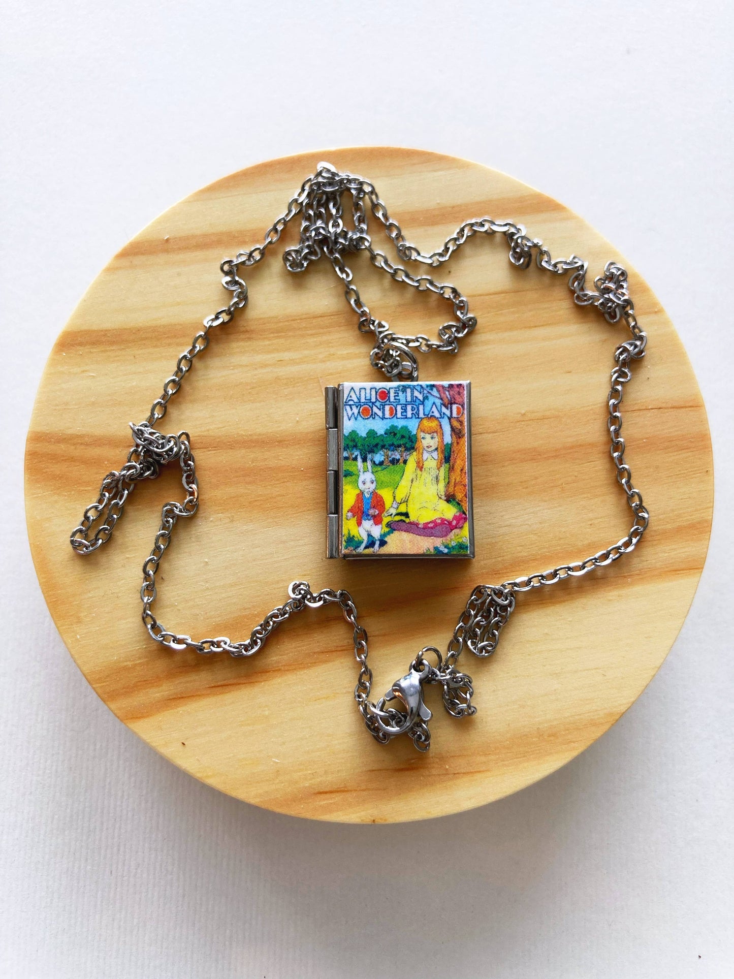 Book Locket Alice In Wonderland - Picnic with Rabbit - Stainless Steel
