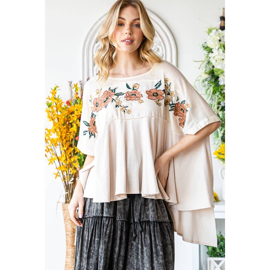 Cream Florals Embroidered Flow Top - La De Da