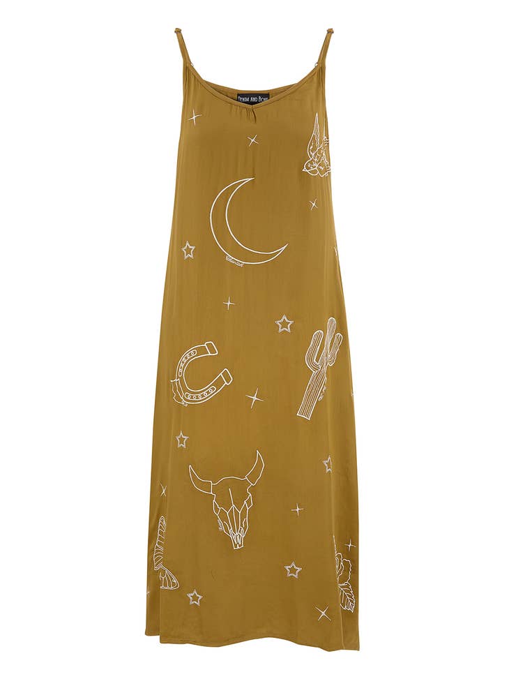Embroidered, Khaki Slip Dress - La De Da