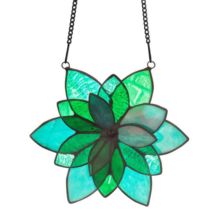 Blue and Green Flower Stained Glass Window Panel - La De Da