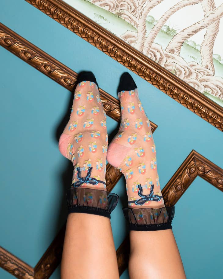 Repeat Floral Ruffle Sheer Crew Sock - La De Da