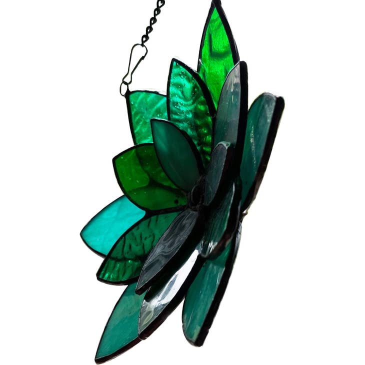 Blue and Green Flower Stained Glass Window Panel - La De Da