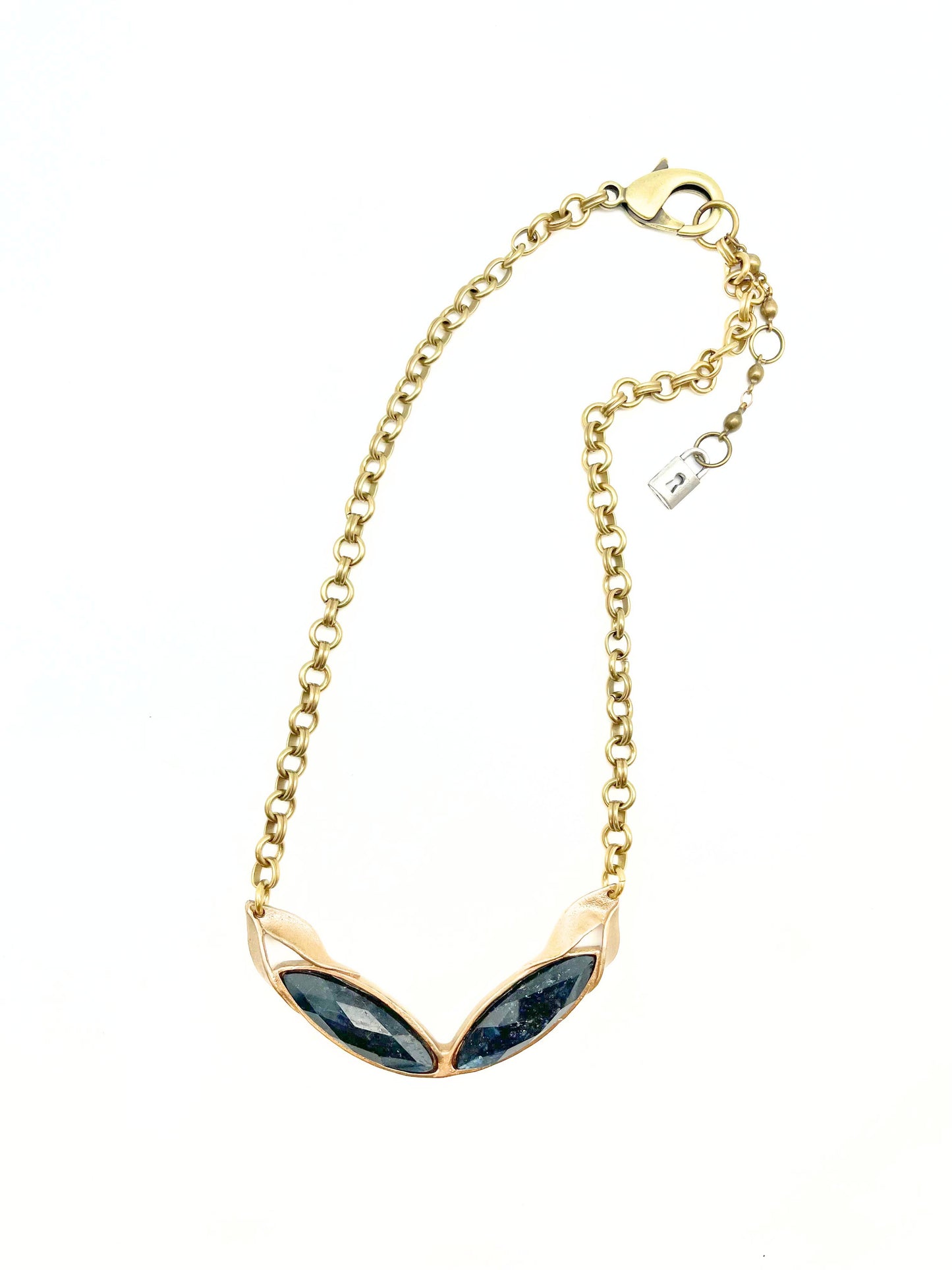 Mirrored marquise cut gemstone and petal necklace- Cyanite