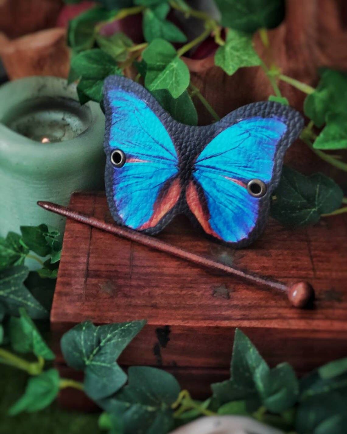 Blue Butterfly Hair Barrette Vegan Leather - La De Da