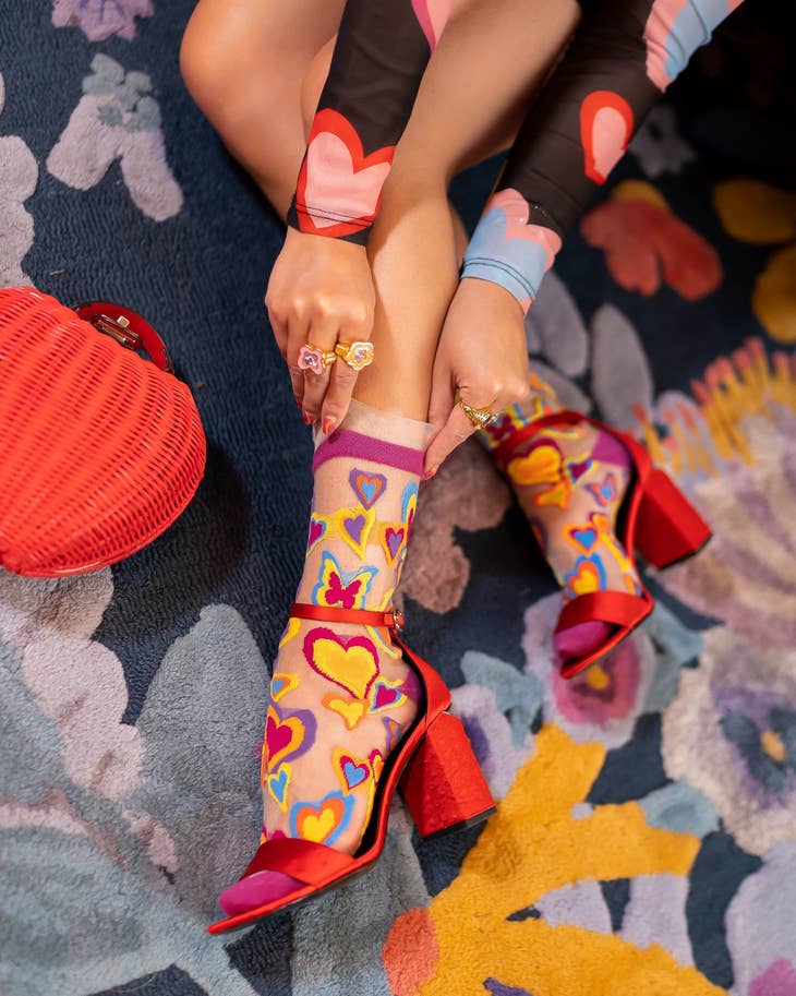 Y2K Hearts Ruffle Sheer Crew Sock - La De Da