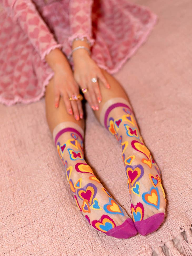 Y2K Hearts Ruffle Sheer Crew Sock - La De Da
