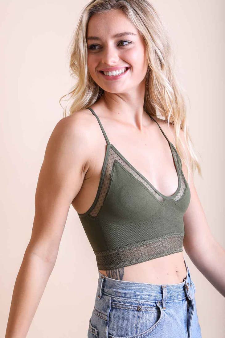 Olive Longline Bralette With Dot Mesh - La De Da