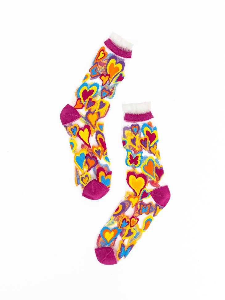 Y2K Hearts Ruffle Sheer Crew Sock - La De Da