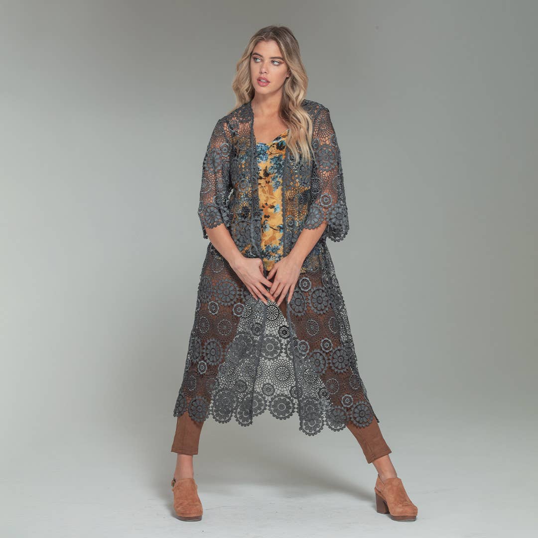 3706-MAD Crochet Lace Duster Kimono with Scallop Trim - La De Da