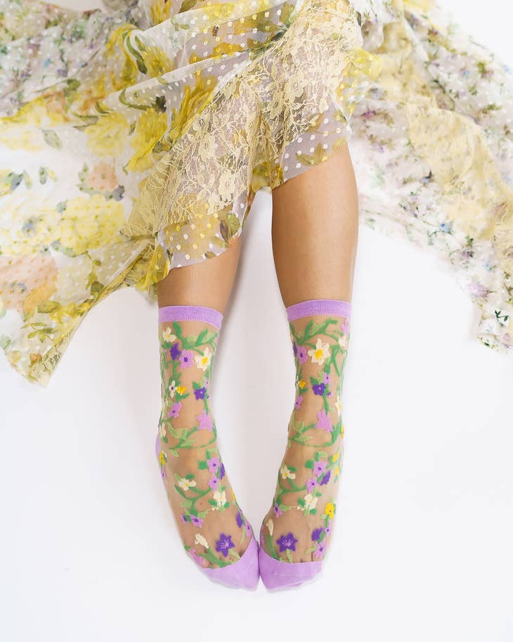 Heart Floral Sheer Crew Sock - La De Da