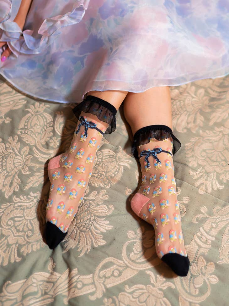 Repeat Floral Ruffle Sheer Crew Sock - La De Da