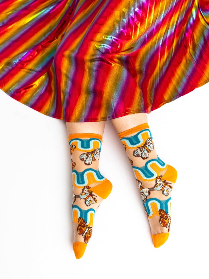 70s Rainbow Butterfly Sheer Crew Sock - La De Da