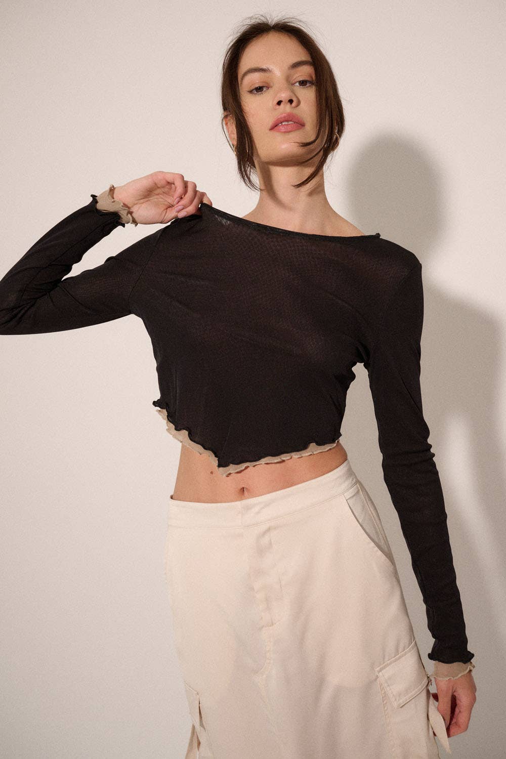 Layered Mesh Cropped Long-Sleeve V-Hem Top - La De Da
