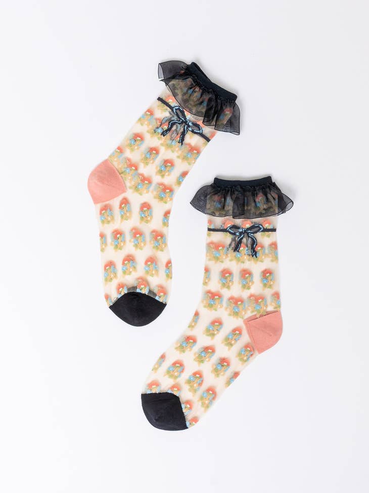 Repeat Floral Ruffle Sheer Crew Sock - La De Da