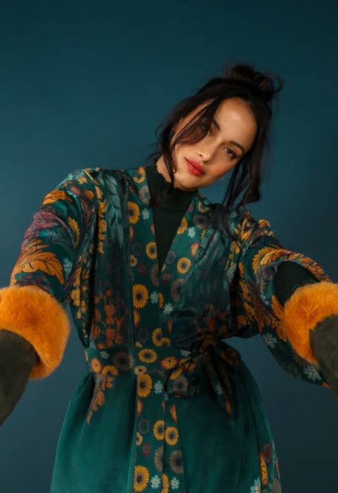 Luxe Trailing Wisteria Kimono Gown - Teal - La De Da