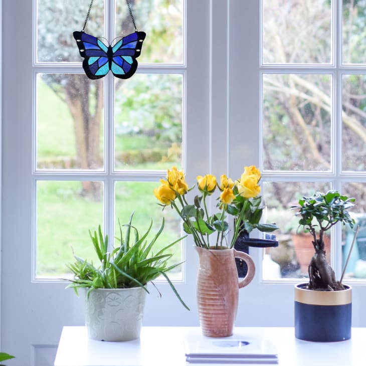 Cobalt Butterfly Stained Glass Window Panel - La De Da