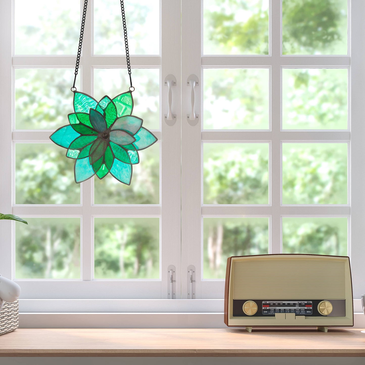 Blue and Green Flower Stained Glass Window Panel - La De Da