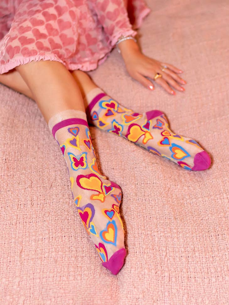 Y2K Hearts Ruffle Sheer Crew Sock - La De Da