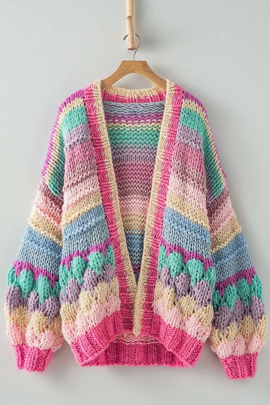 Pastel Rainbow Striped Cardigan - Crochet Long Sleeve Colourful