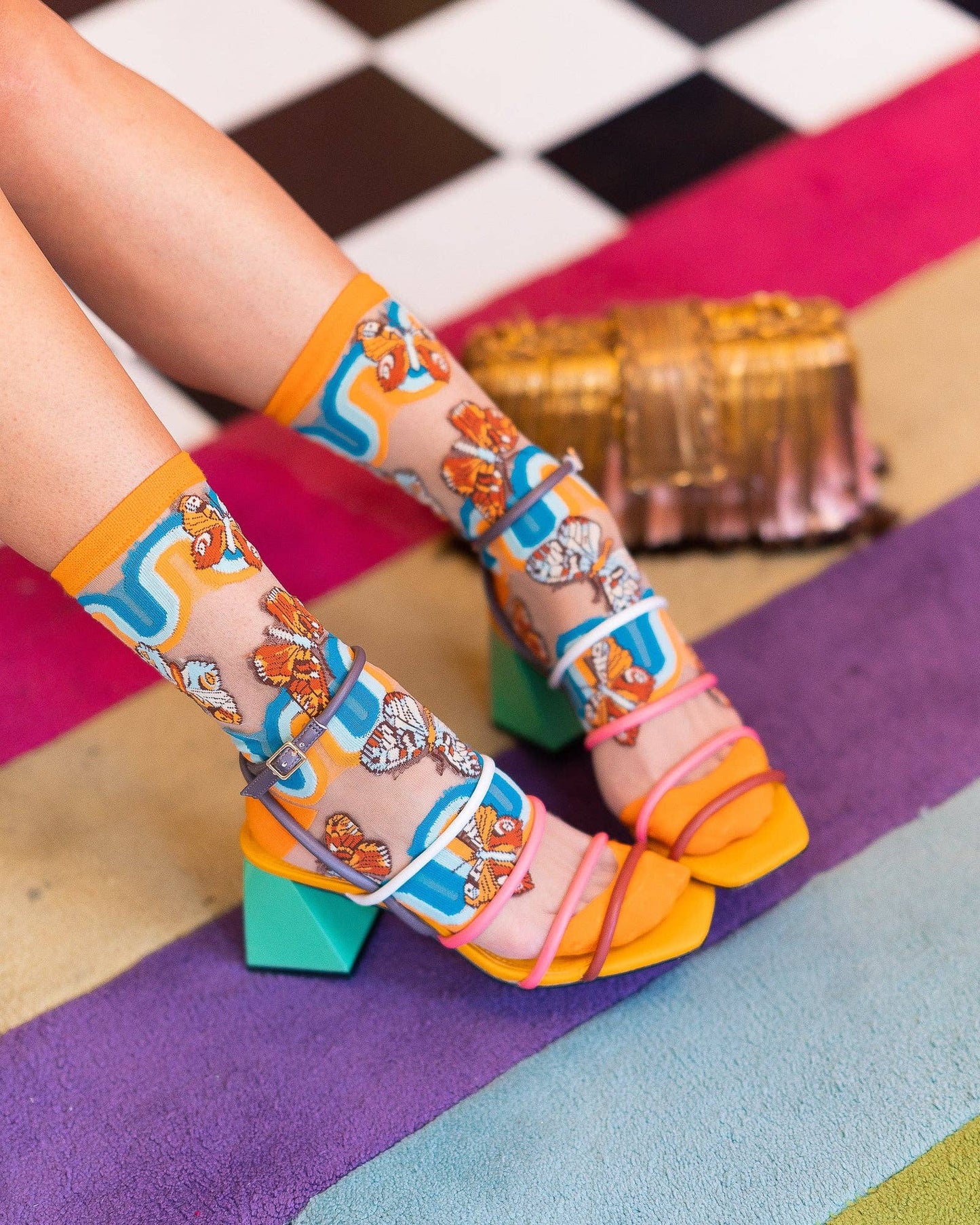 70s Rainbow Butterfly Sheer Crew Sock - La De Da