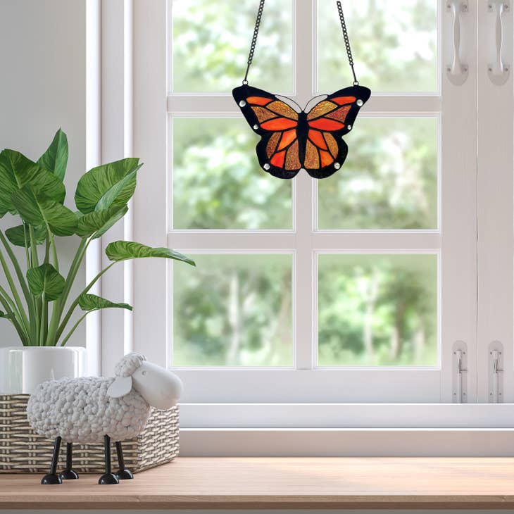 Orange Butterfly Stained Glass Window Panel - La De Da