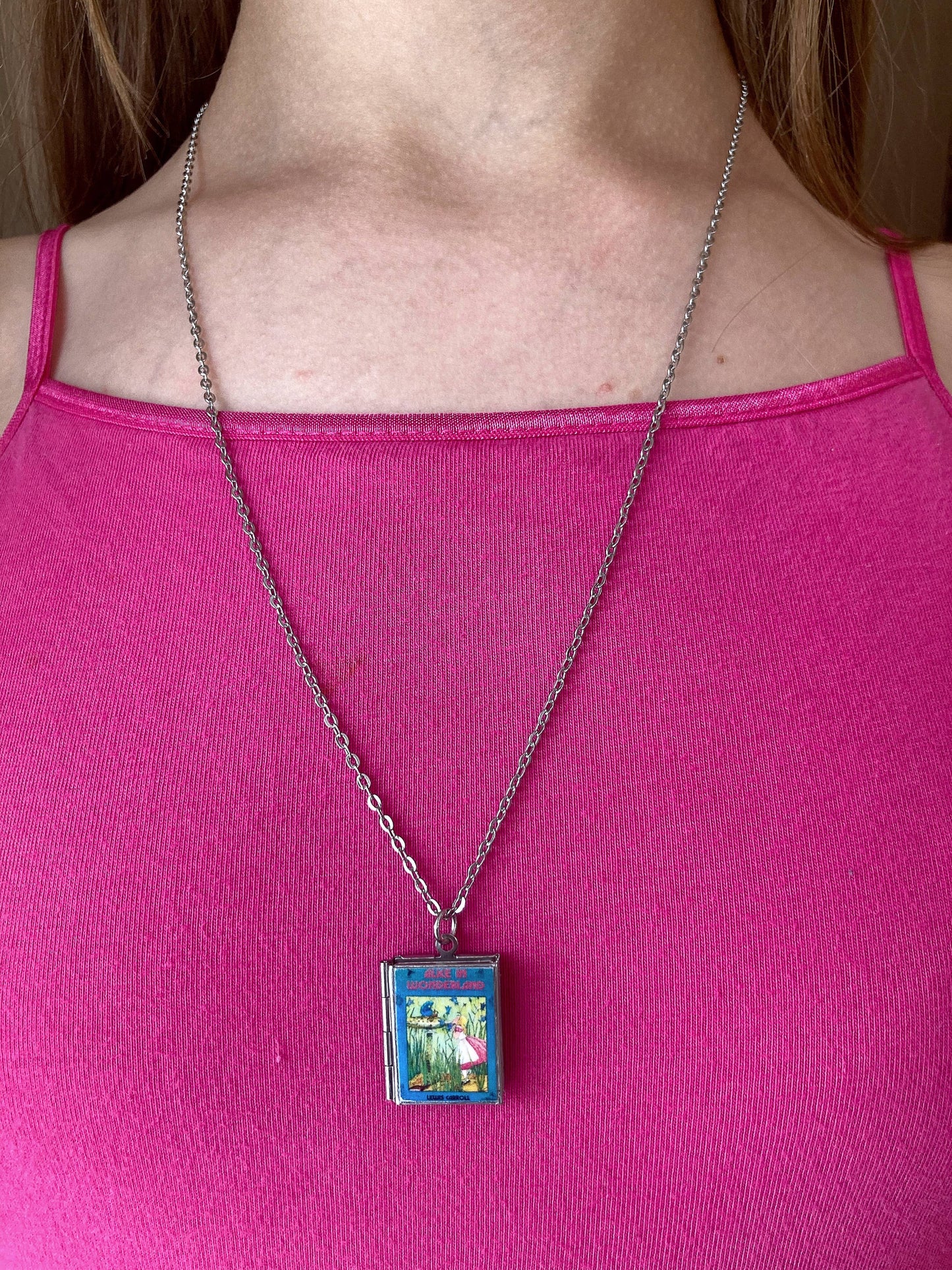 Book Locket Alice In Wonderland - Blue with Caterpillar - Stainless Steel