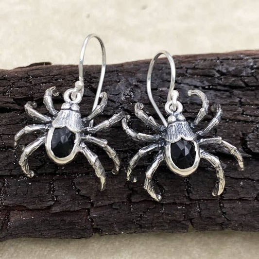 Sterling Silver & Black Onyx Spider dangling Earrings