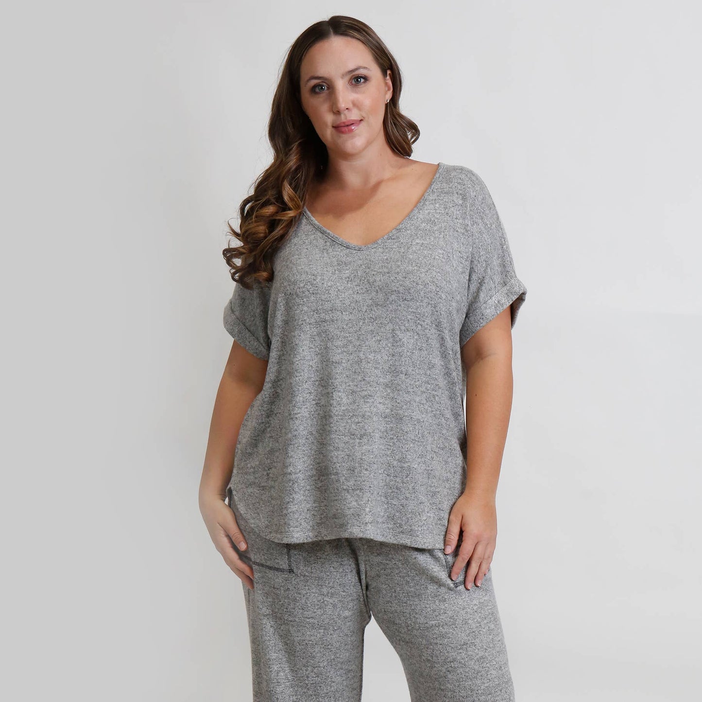 Cozy Knit V Neck Tee -  Heather Grey