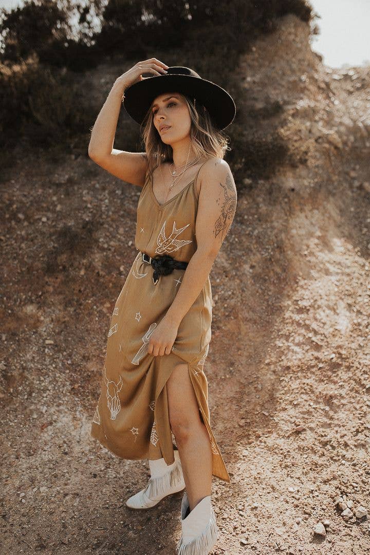 Embroidered, Khaki Slip Dress - La De Da