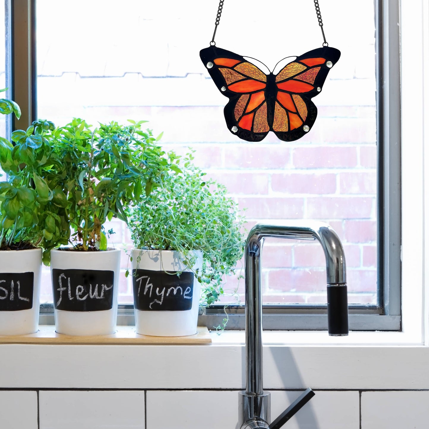 Orange Butterfly Stained Glass Window Panel - La De Da