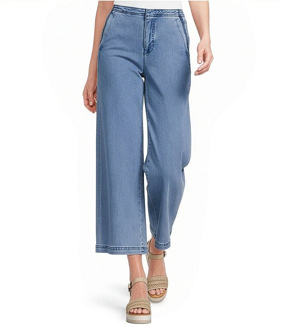 Wide Leg Stretch Denim Pants With Scalloped Edges