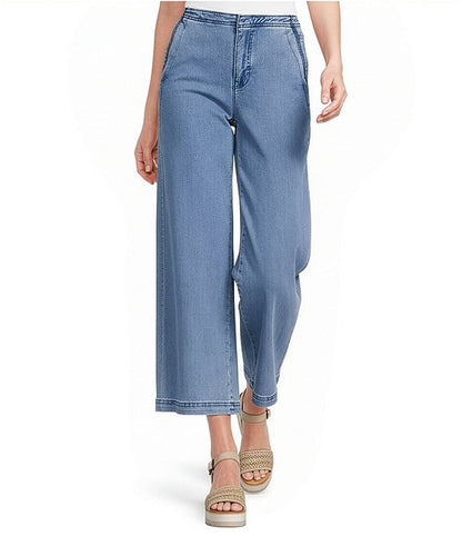 Wide Leg Stretch Denim Pants With Scalloped Edges