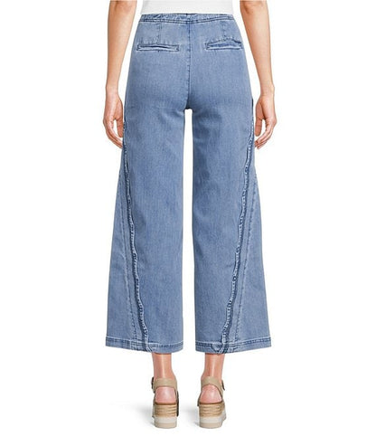 Wide Leg Stretch Denim Pants With Scalloped Edges
