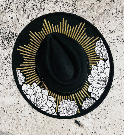 Vegan Felt Hat - XL Brim - Dahlia Burst - Gold & White