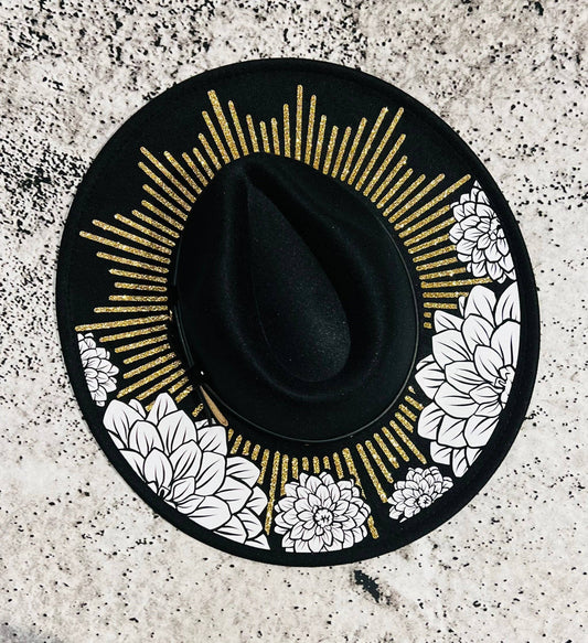 Vegan Felt Hat - XL Brim - Dahlia Burst - Gold & White