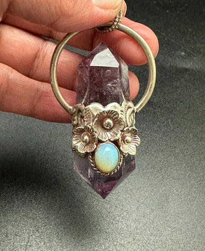 Amethyst double point pendant opal, handcrafted, white metal