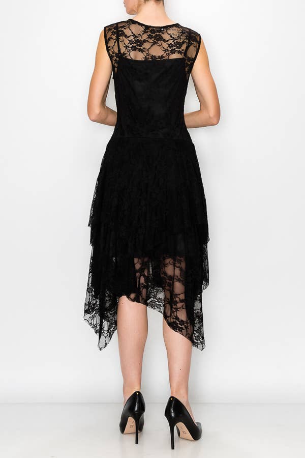 Whimsical Sleeveless Lace Midi Dress With Unattached Slip - Black