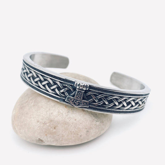 Stainless Steel Viking Rune Thor Hammer Cuff Bangle - MJ/BC - Ancient silver