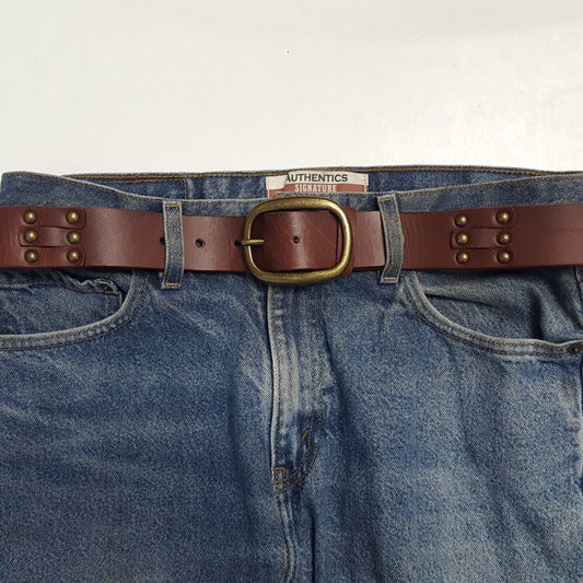 Genuine Studded Leather Belt - Brown