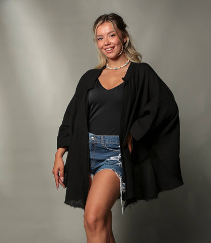 Black & Gold Moon Phases Muslin Kimono Robe / Poncho - Black