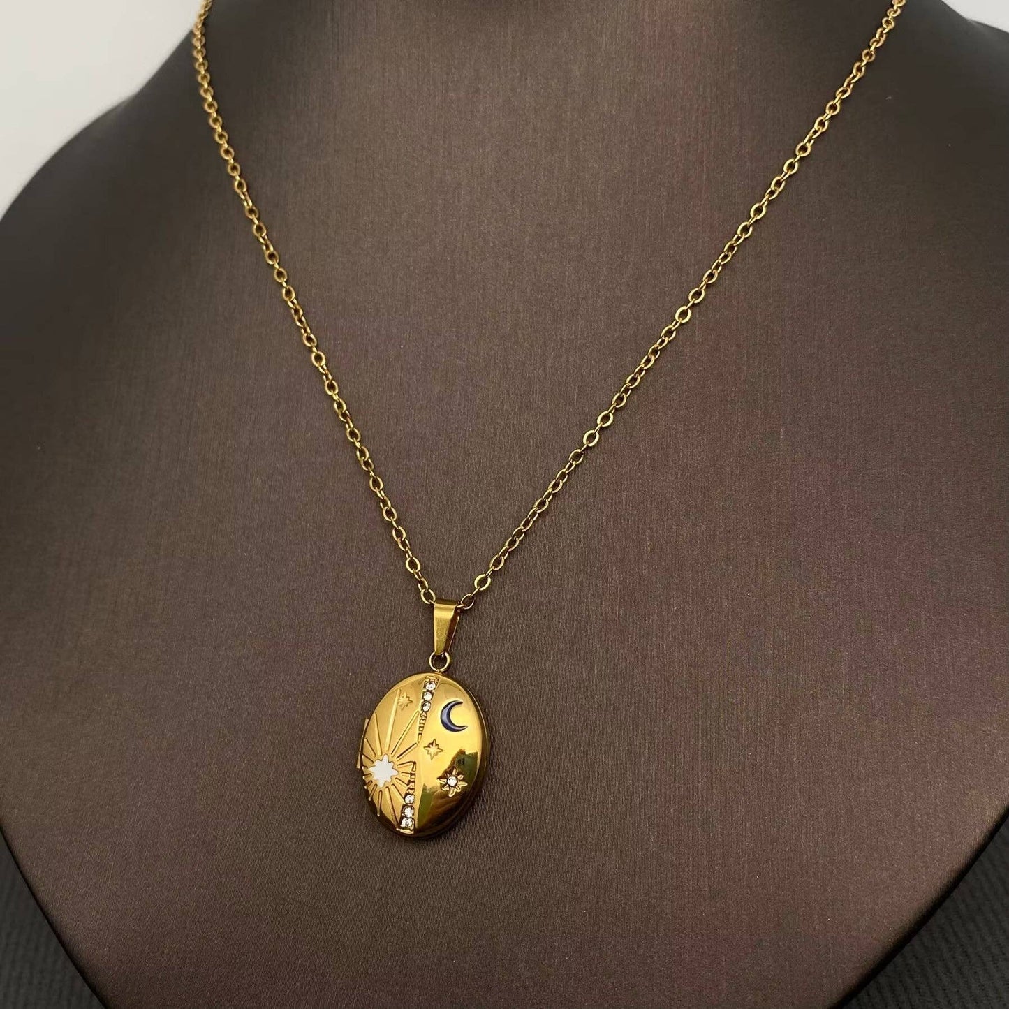 Star Moon locket charm 18K Golden S.Steel Necklace