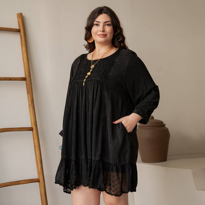 Boho Embroidered Ruffle Hem Babydoll Dress - Charcoal