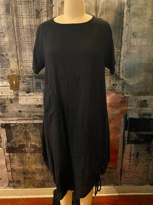 Linen, Rusched Hem Dress - Black