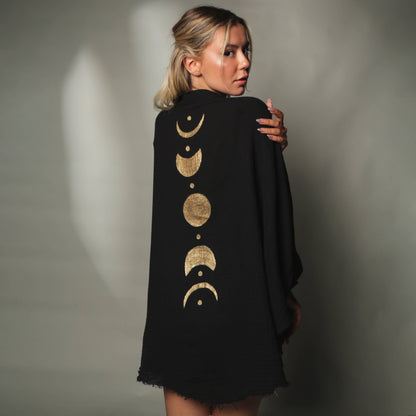 Black & Gold Moon Phases Muslin Kimono Robe / Poncho - Black