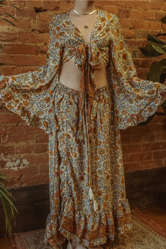 Hippie Boho Silk Cinch Skirt, Ruffle Floral Maxi Skirt - Cream/Orange Flower