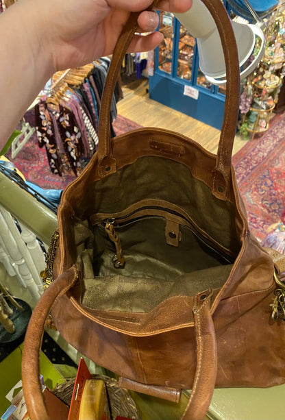 Folded Top Leather Crossbody Bag - Camel