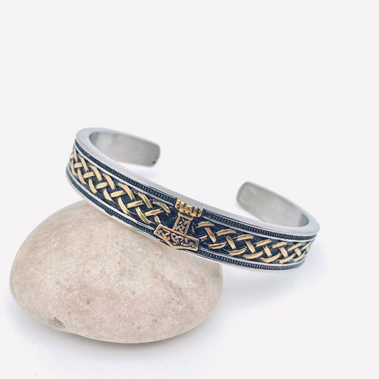 Stainless Steel Viking Rune Thor Hammer Cuff Bangle - MJ/BC - Golden
