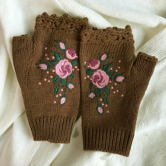 Floral Embroidered Gloves - Brown