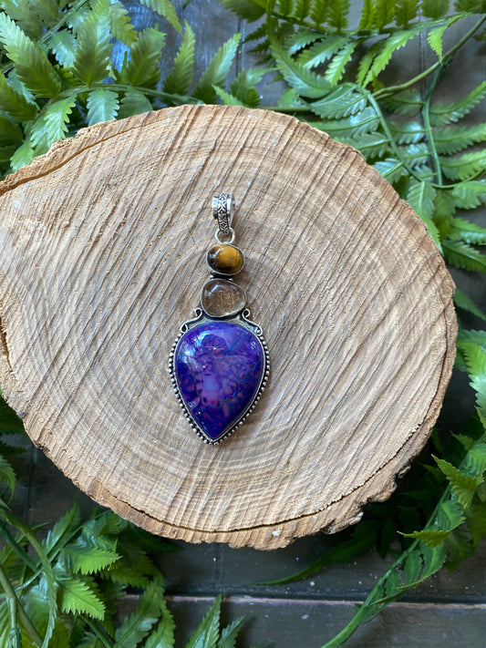 Dyed Purple Agate Gold Rutilated Quartz Tigers Eye Pendant