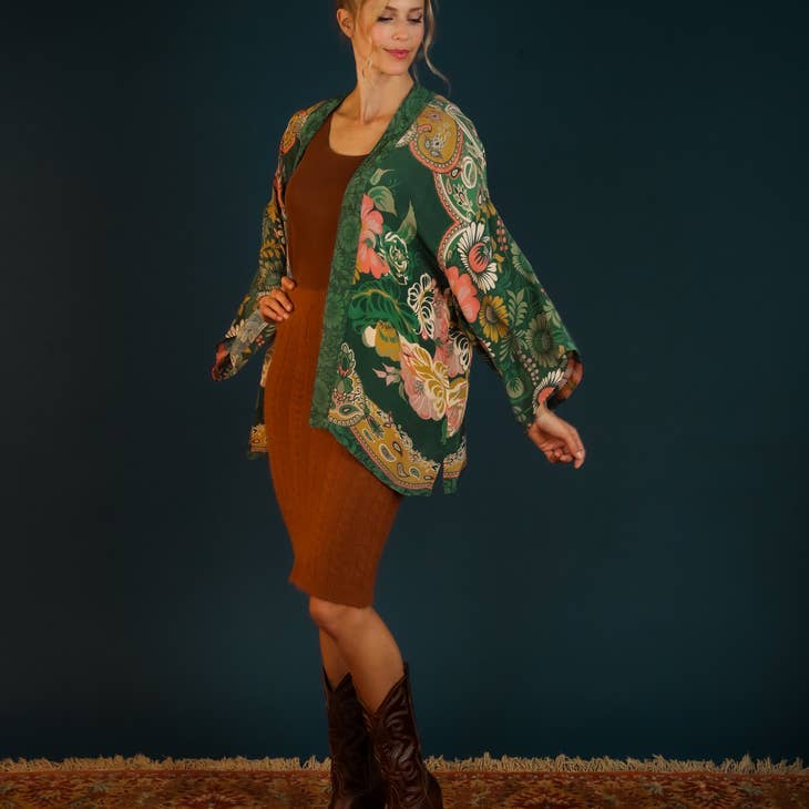 Luxe Folk Art Floral Kimono Jacket - Fern - La De Da